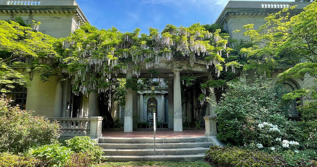 Van Vleck House And Gardens exterior of the house with wisteria