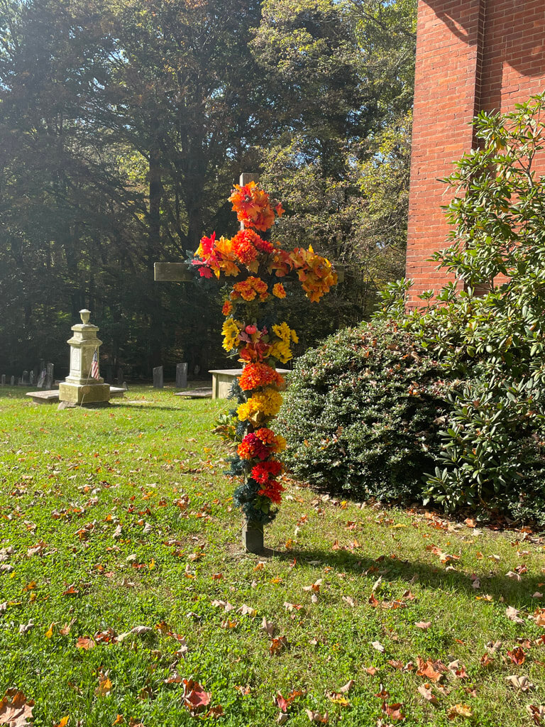 Cross covered with flowers at First Presbyterian Church of Oxford at Hazen, Belvidere, New Jersey