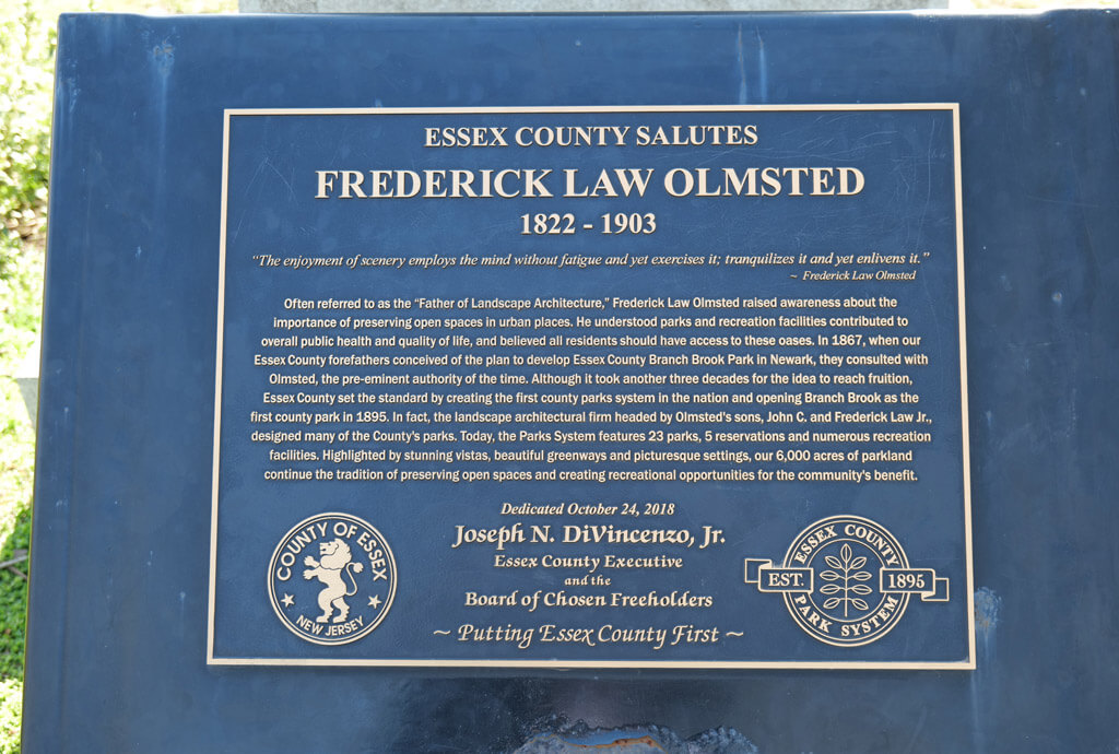 Sign at Frederick Olmsted bust at Branch Brook Park